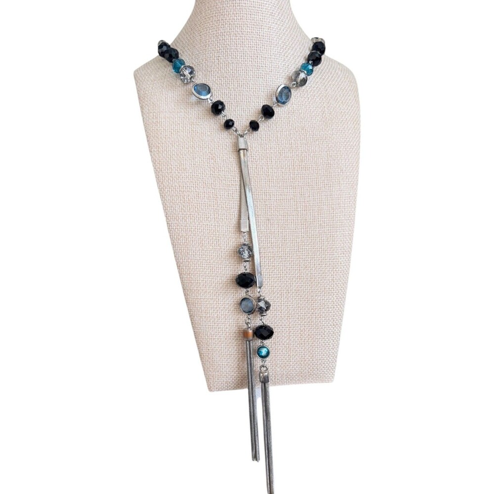 White House Black Market Y-Necklace Lariat Teal Blue Crystal Beaded Tassel